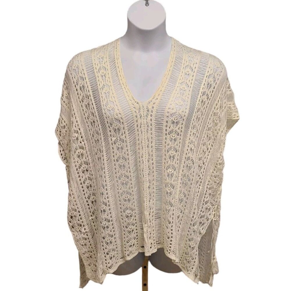 Womens  One Size Ivory Crochet Cover Up Kimono Poncho Dolman Sleeve  Boho Beachy